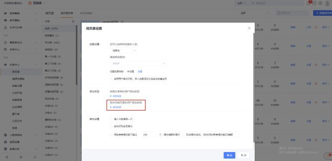 3）在微页面设置中支持设置会见页面标签，，，，，当用户会见时，，，，，自动打上该标签。。。。。。